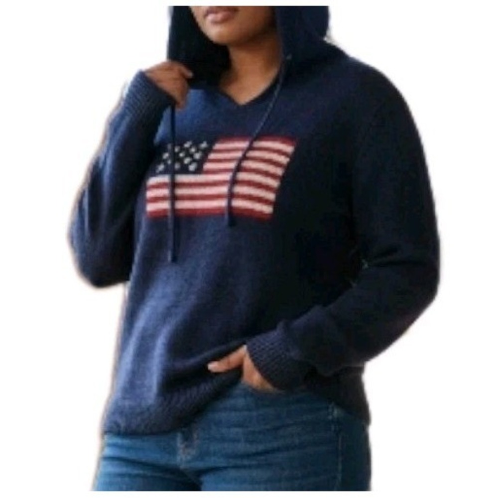 BRIT.NY USA Flag Sweater Hoodie Plus Size 1X‎ Navy Cotton Patriotic American NWT
